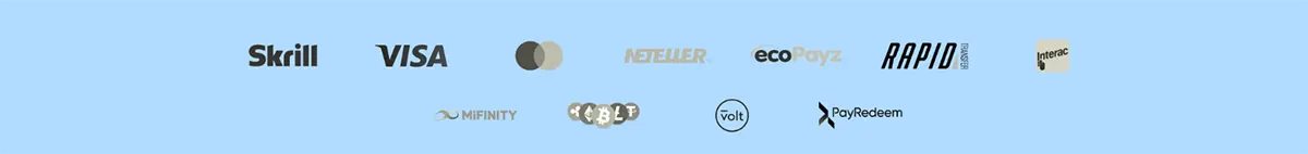 Light blue payment methods banner showing Skrill, Visa, Mastercard, Neteller, ecoPayz, Rapid Transfer, Interac, MiFinity, cryptocurrency icons, Volt, and PayRedeem logos.