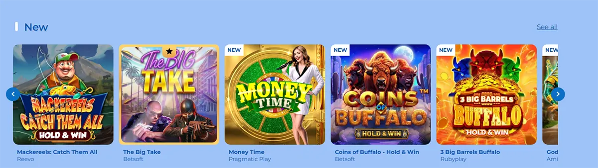 New casino games carousel featuring colorful slot thumbnails such as Mackerels: Catch Them All, The Big Take, Money Time, Coins of Buffalo, and 3 Big Barrels Buffalo on a light blue interface.