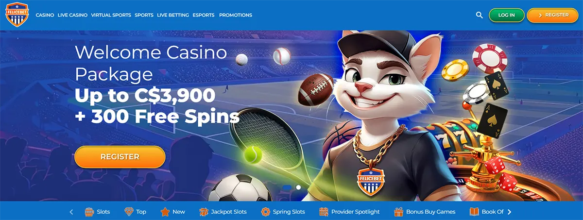 Casino homepage banner featuring a cat mascot, sports stadium background, and a welcome casino package offering up to C$3,900 plus 300 free spins, with register and log-in buttons in the header.