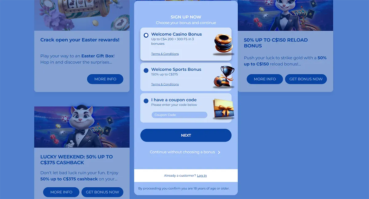 Casino sign-up screen with selectable welcome casino and sports bonuses, a coupon code option, and surrounding blue promotional offer cards on a light blue background.